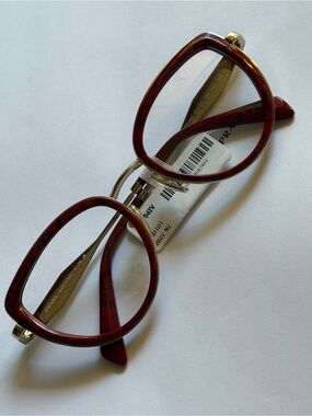 Prada Red Marble Frame Glasses with Gold Arms